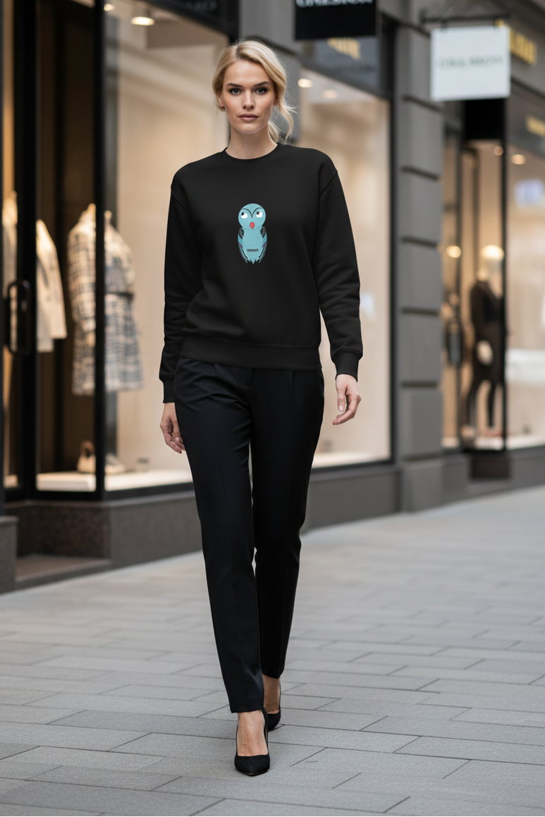 Woman wearing a black sweater with a graphic design and black pants walking on a street.