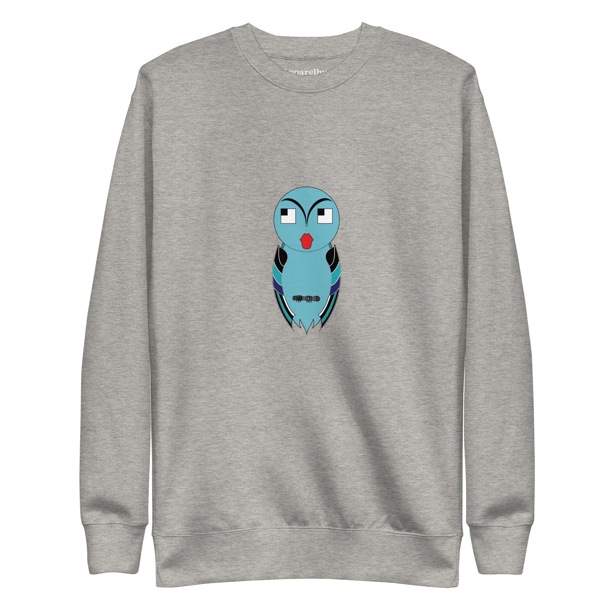 A gray sweatshirt with a ribbed crew neck and long sleeve cuffs, featuring a colorful graphic print of an owl on the front.