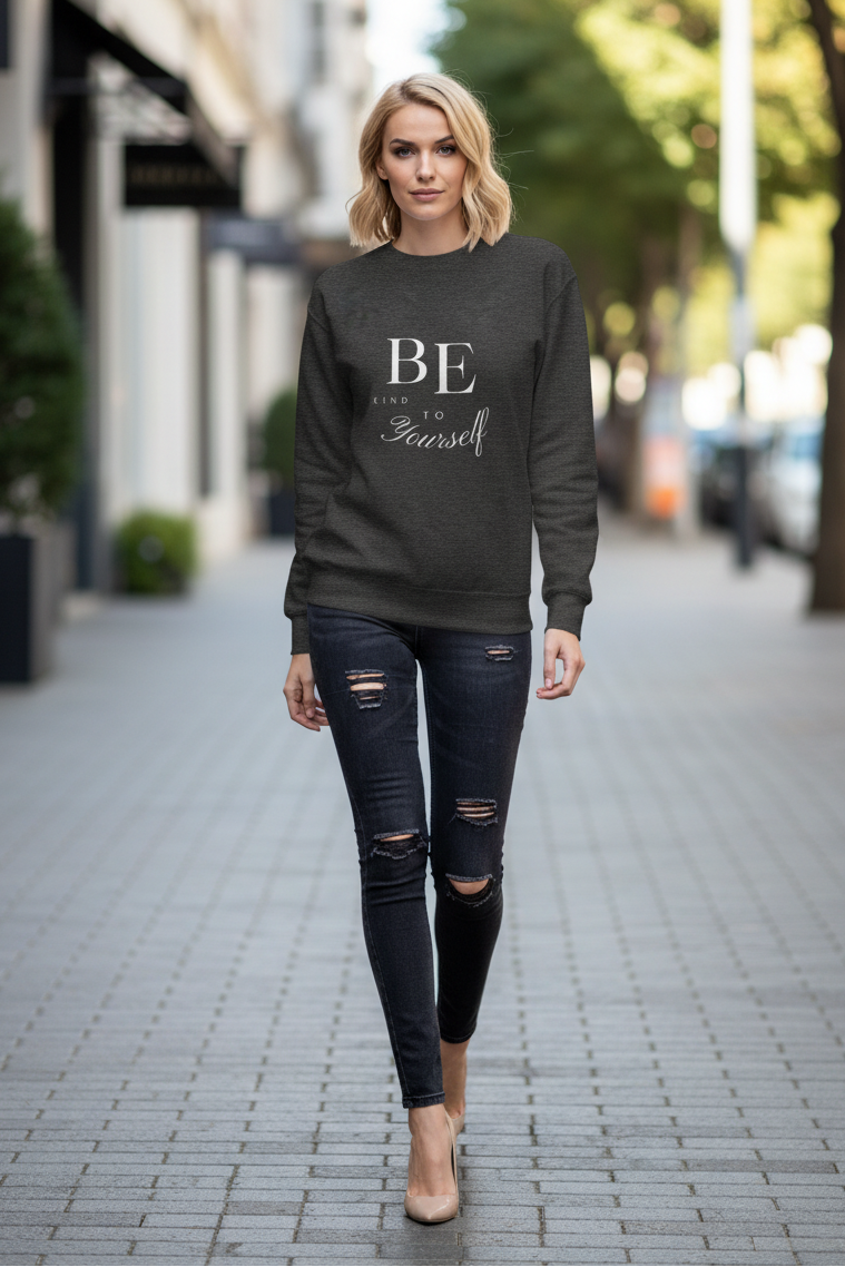 Woman wearing a black sweatshirt with 'BE' text on a city street.