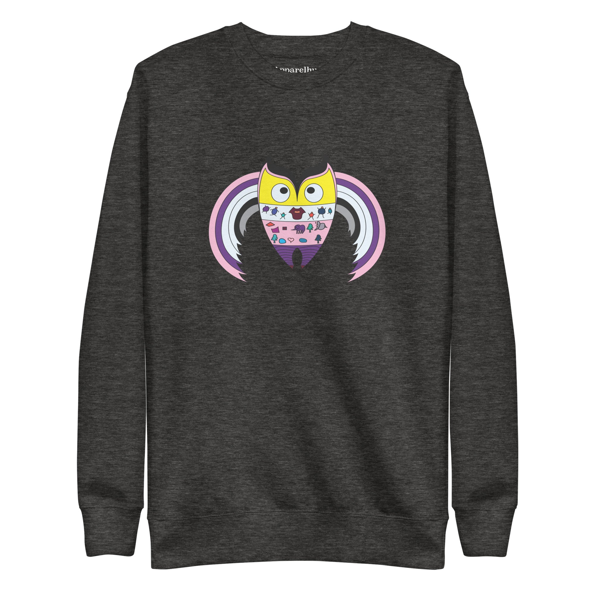 A gray sweatshirt with a graphic print of an owl on the front, featuring long sleeves and a round neckline.