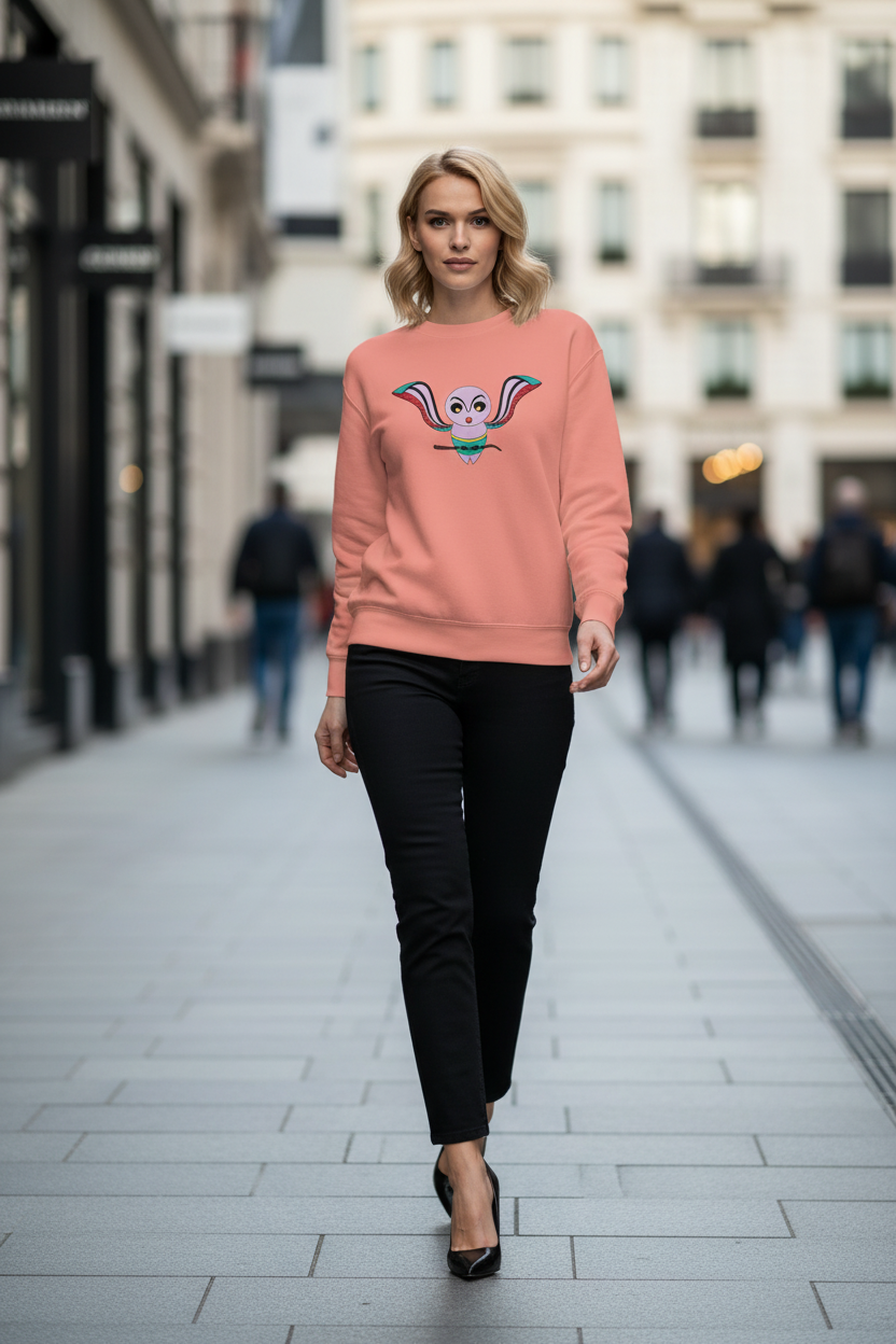 Woman wearing a pink sweater with a graphic design on a city street.