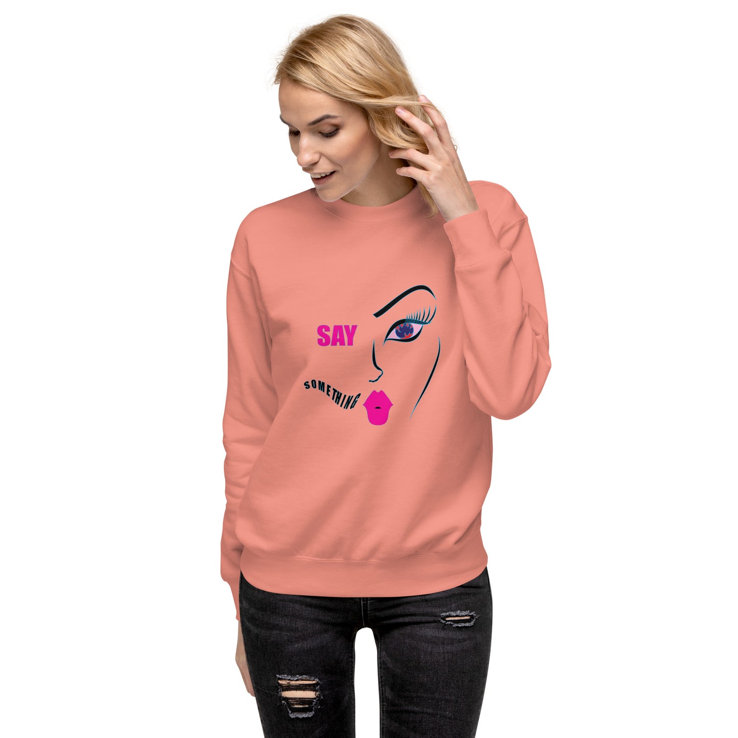 Say Something, Trendy Graphic Sweatshirt, Cozy Artistic Soft Sweatshirt, Face Inspired Design, Fashionable Sweater