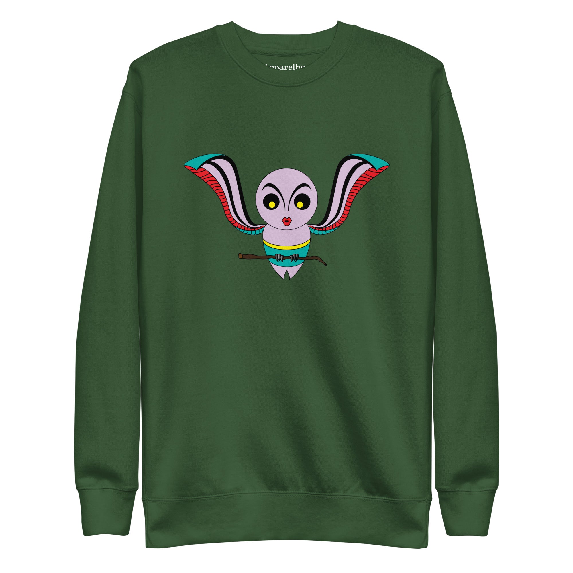 A green women's sweatshirt with a graphic print of an owl on the front.