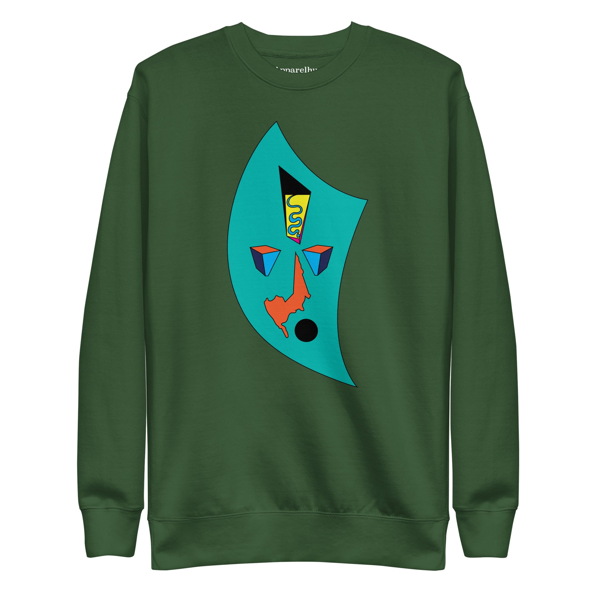 A green sweatshirt with a geometric abstract art print on the front.