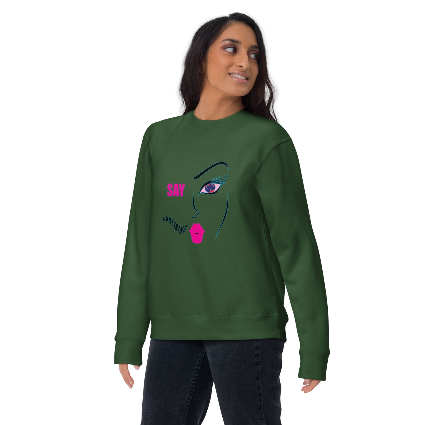Say Something, Trendy Graphic Sweatshirt, Cozy Artistic Soft Sweatshirt, Face Inspired Design, Fashionable Sweater