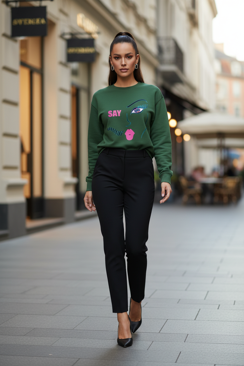 Woman wearing a green sweater with a graphic design walking on a city street.