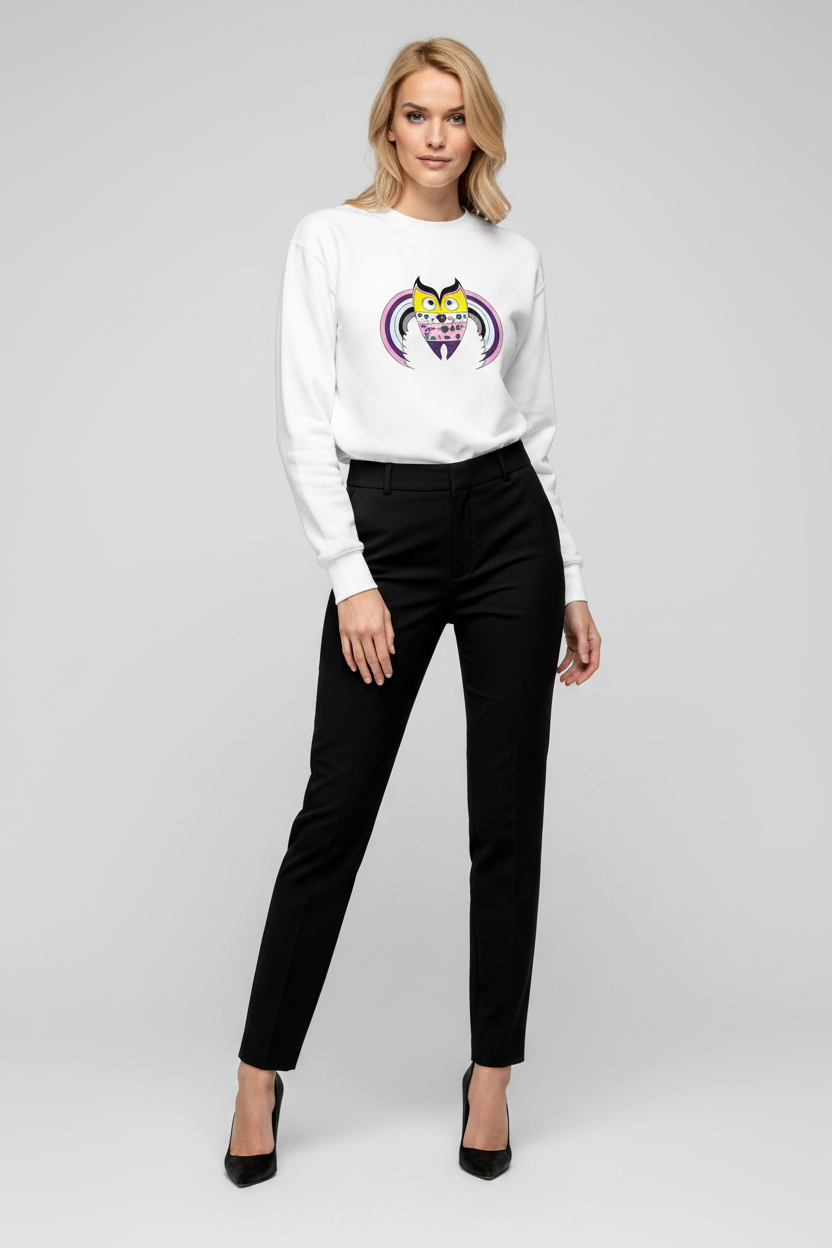 Woman wearing a white sweatshirt with a logo and black pants on a light gray background