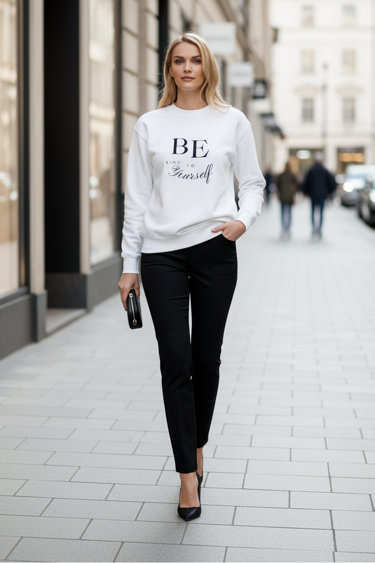 Woman wearing a white sweatshirt with text and black pants on a city street.