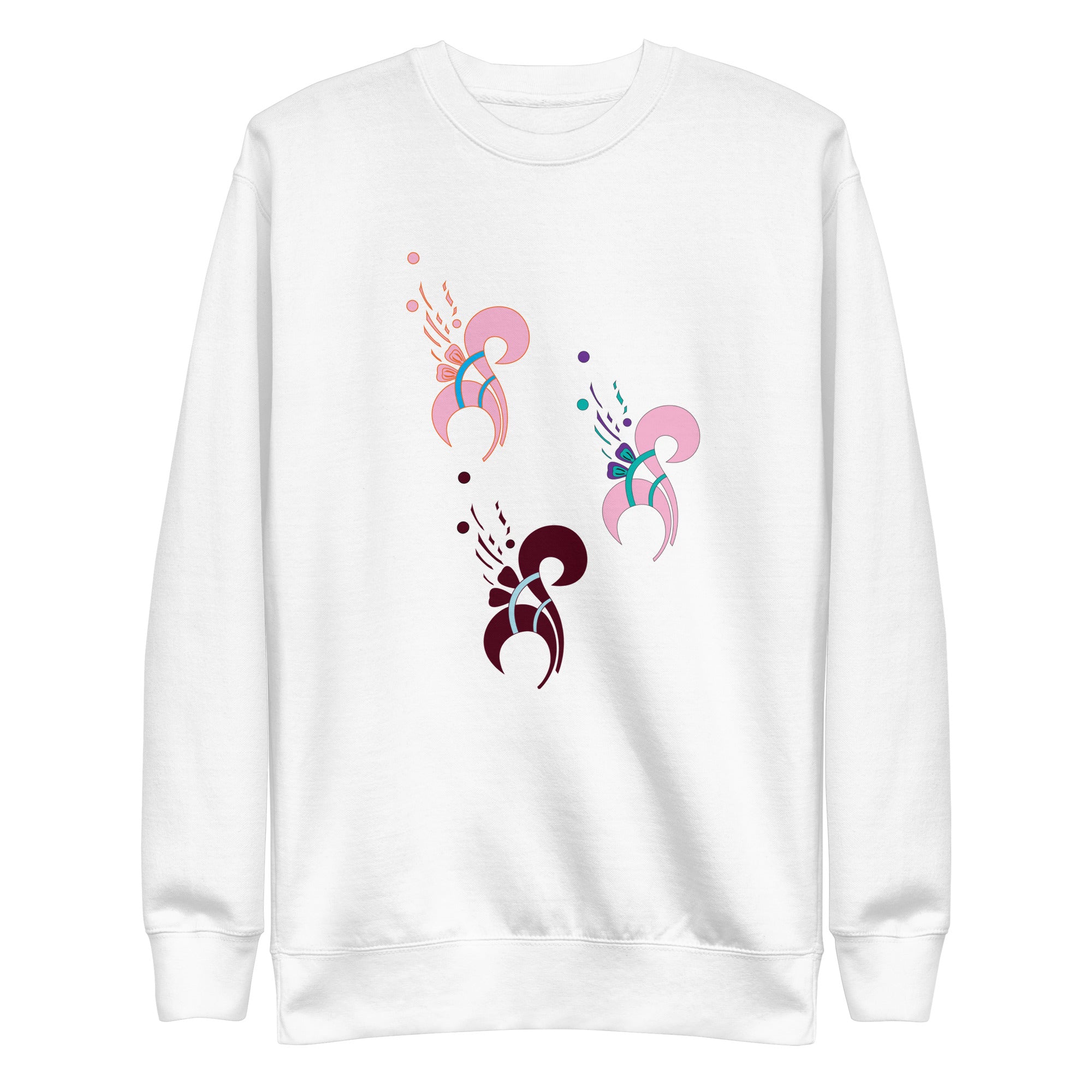 A white floral print sweatshirt with a crew neck, long sleeves, and a flat hem.