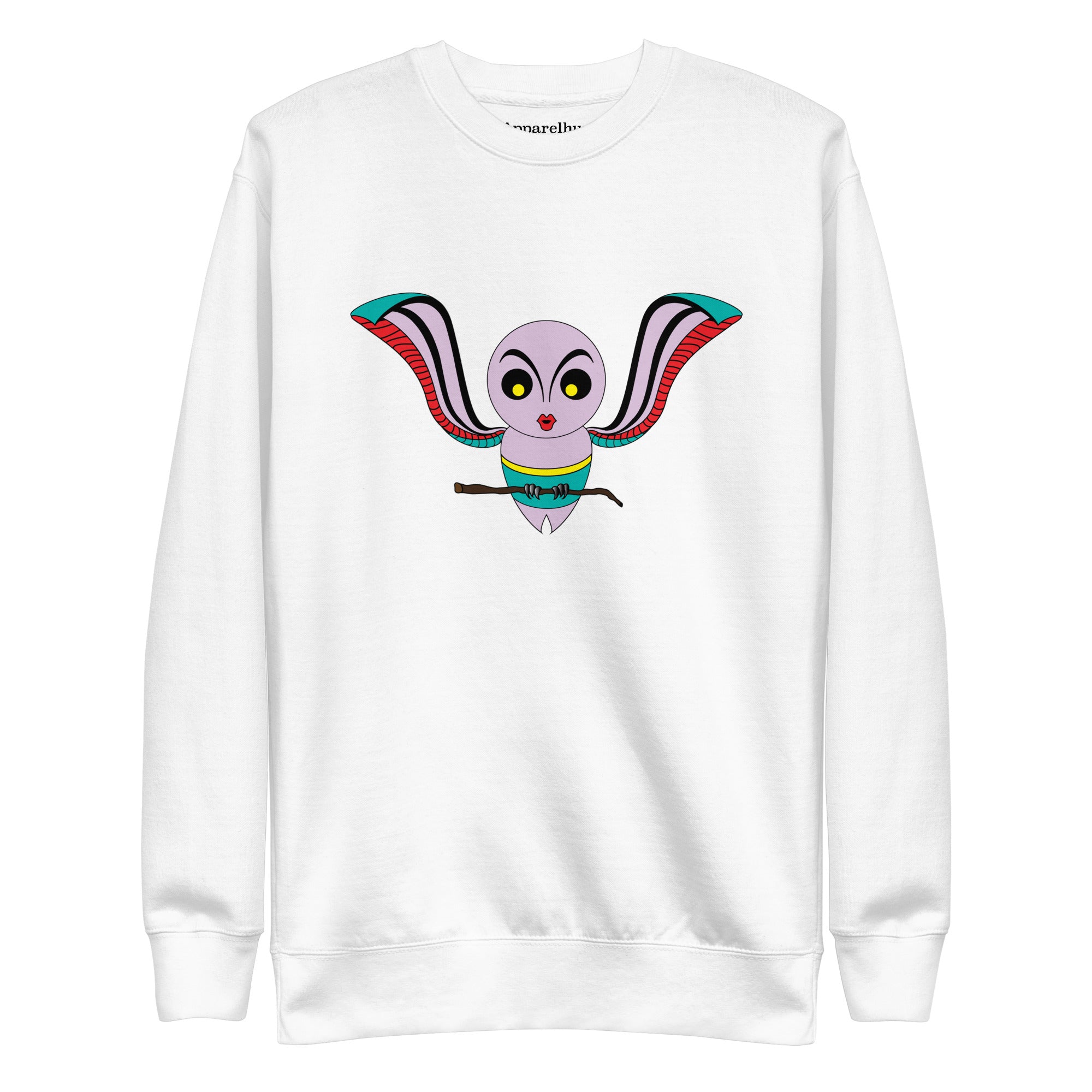 A white women's sweatshirt with a colorful cartoon owl design on the front.