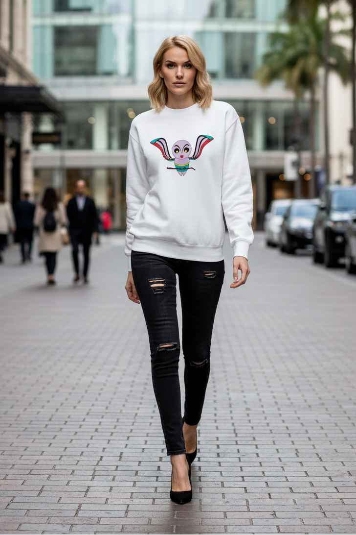 Woman wearing a white sweatshirt with a colorful graphic design on a city street.