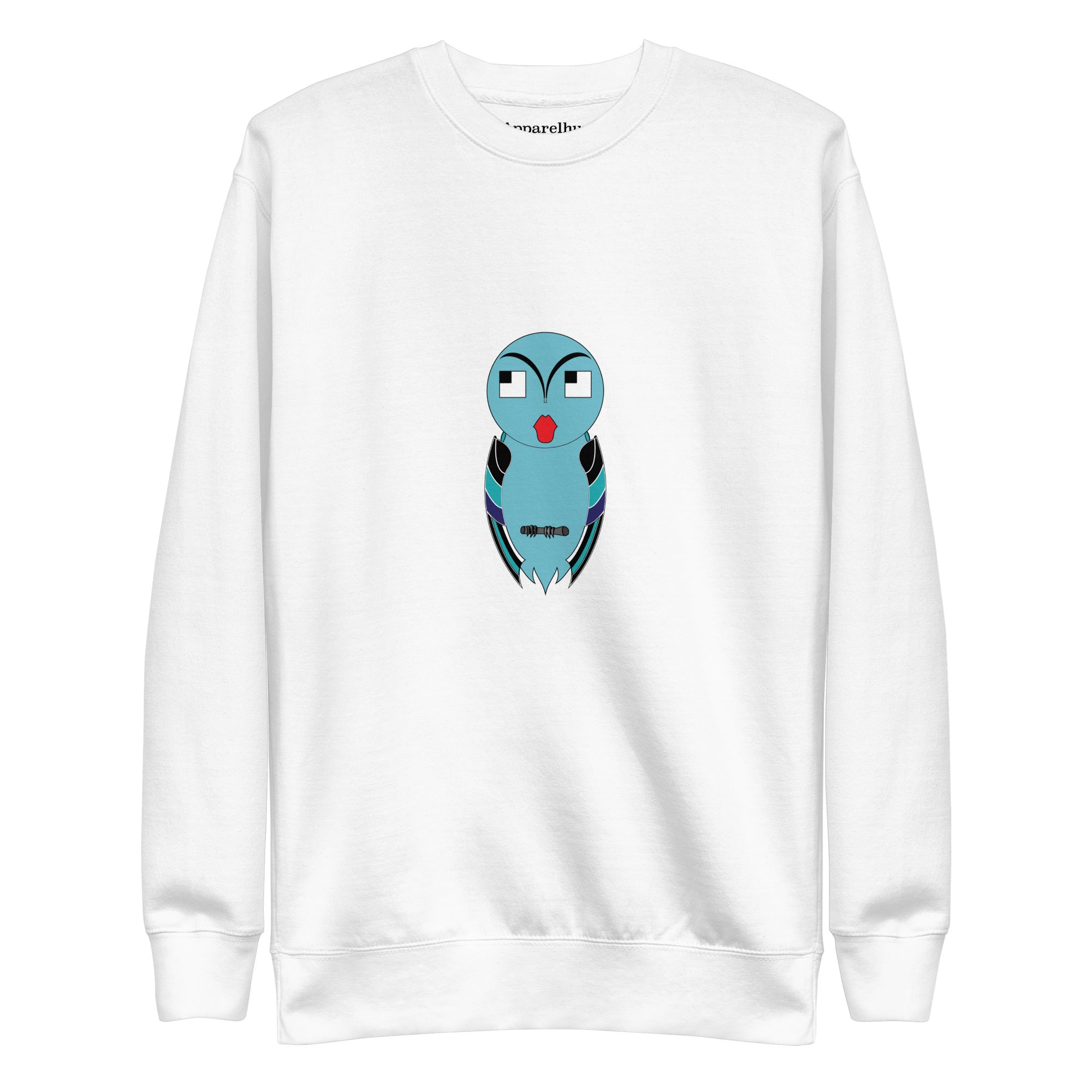 White crew neck sweatshirt with a graphic print of an owl on the front.