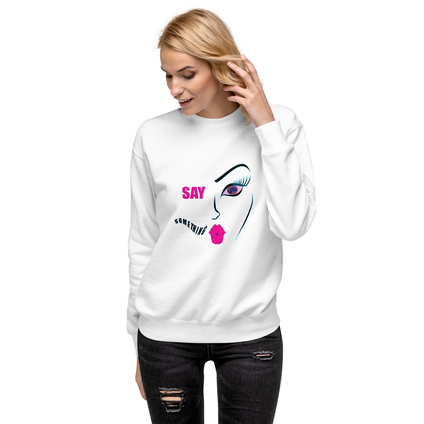 Say Something, Trendy Graphic Sweatshirt, Cozy Artistic Soft Sweatshirt, Face Inspired Design, Fashionable Sweater