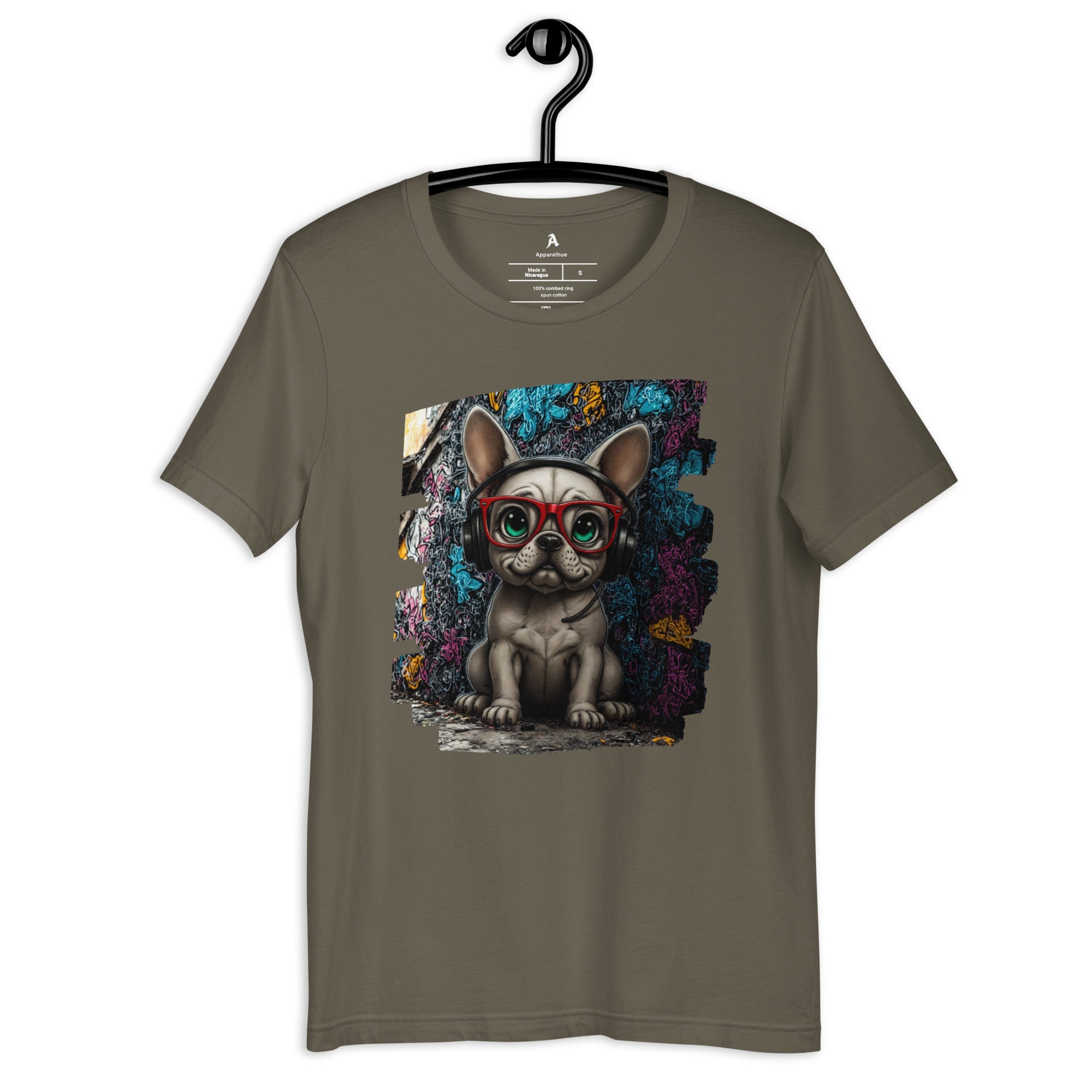Premium T-shirt showing a French Bulldog illustration surrounded by wild blooms.