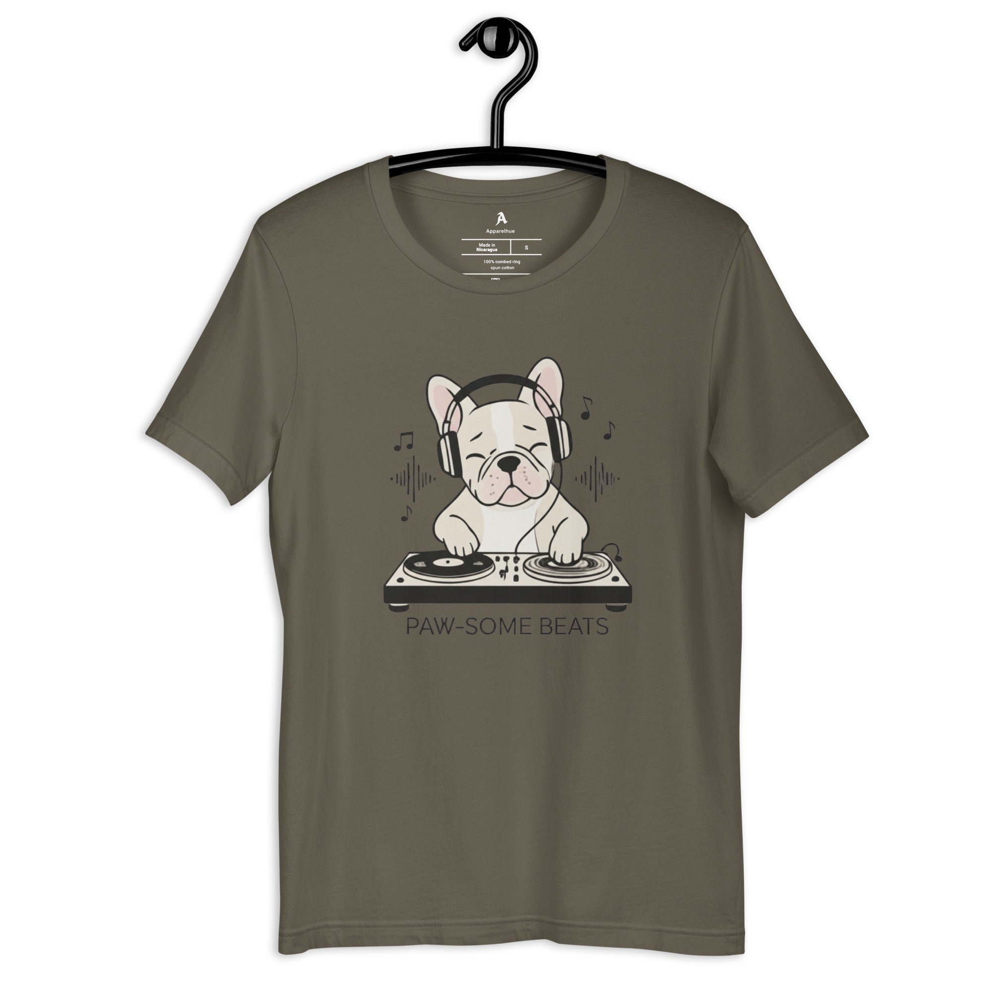 Minimalist DJ Frenchie artwork for apparel.