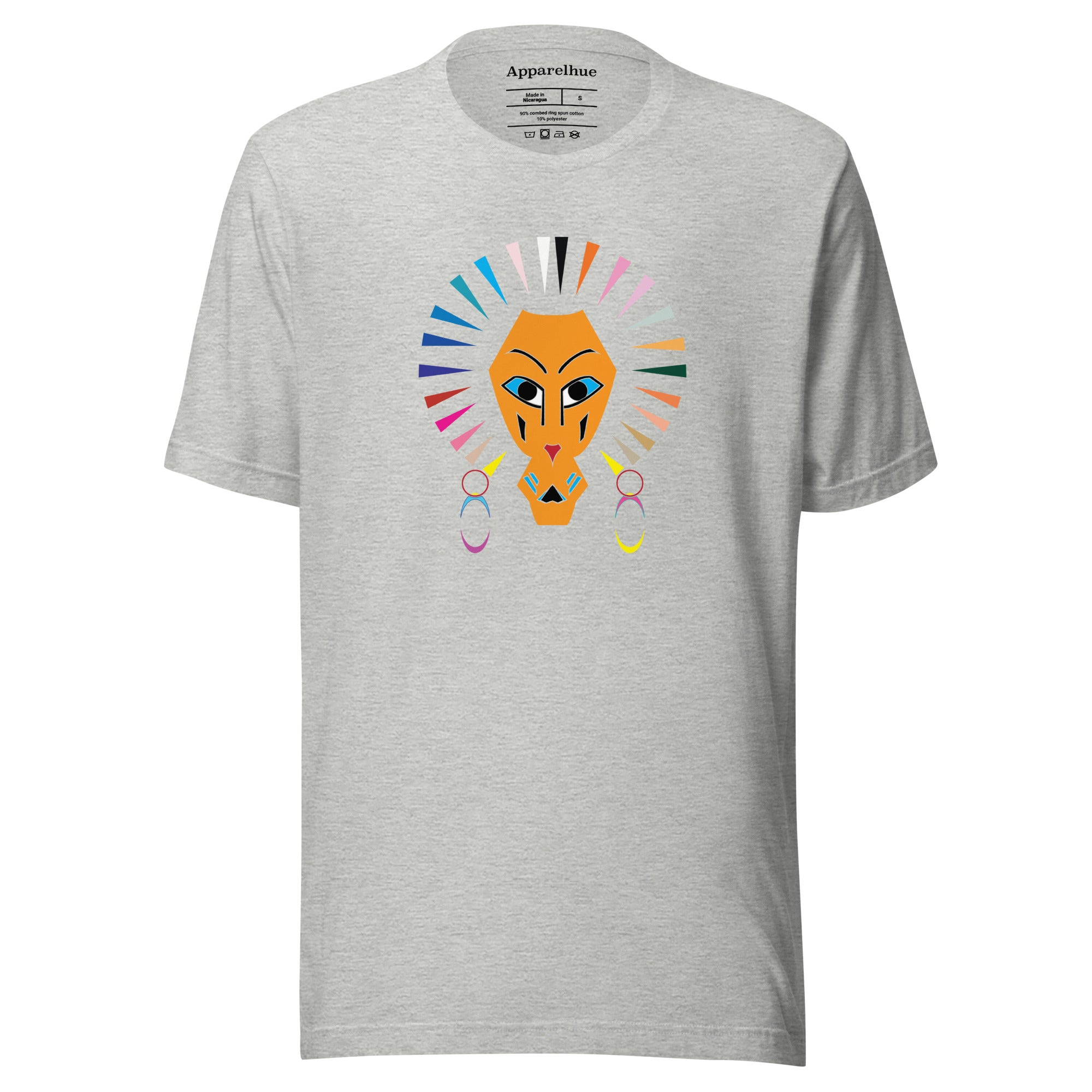 Close-up of vibrant abstract lion artwork on tee