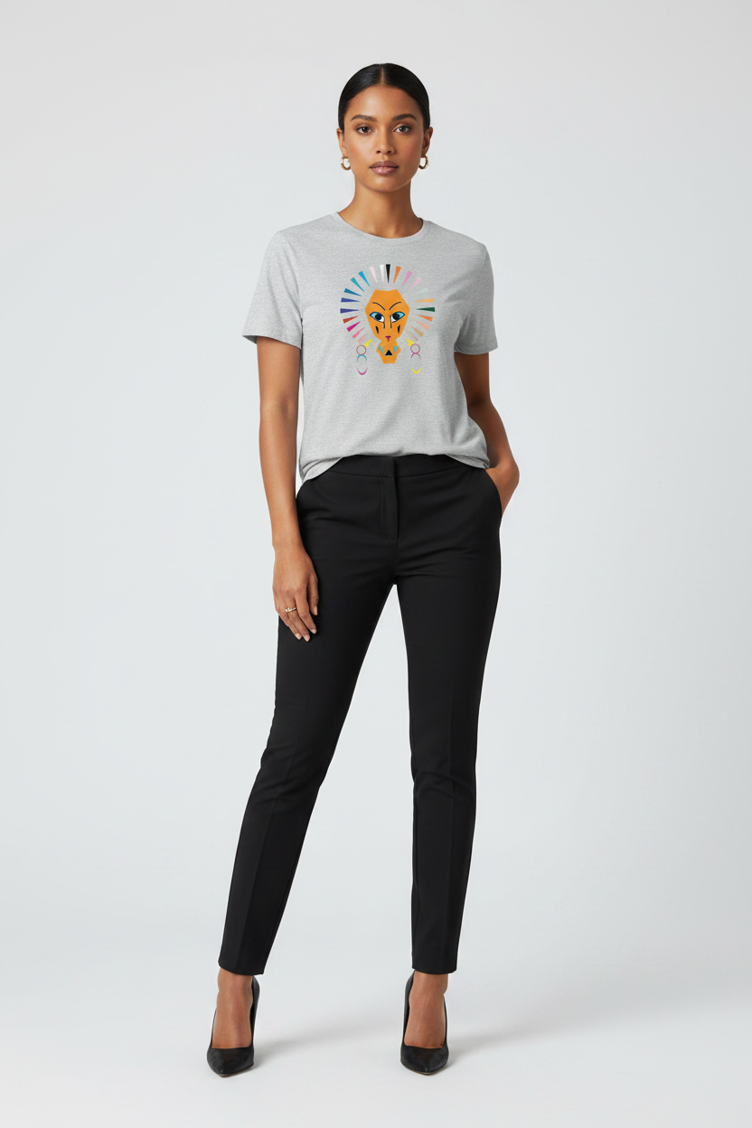 A woman modeling a light gray t-shirt with a colorful graphic print of a lion face and sunburst, paired with black trousers and black heels, against a light gray studio background.