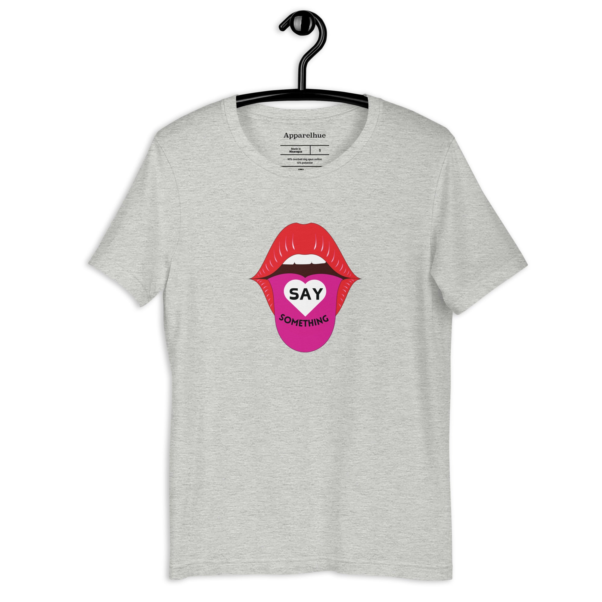 Flat lay image of the Say Something Graphic Tee, showcasing the crew neck and short sleeves.