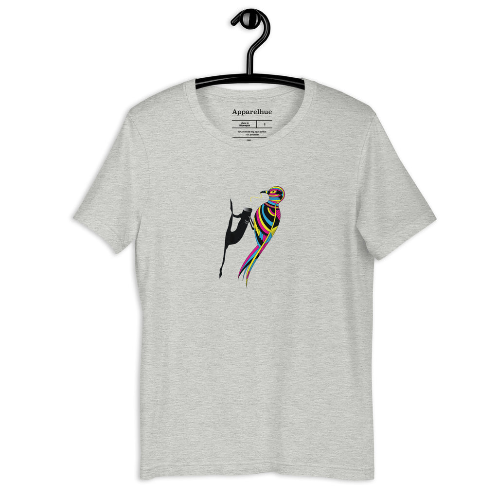Close-up of vibrant abstract bird print details on high-quality fabric tee