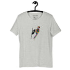 Close-up of vibrant abstract bird print details on high-quality fabric tee