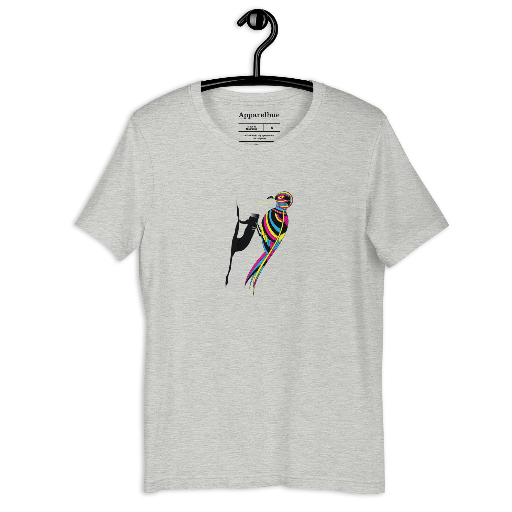 Close-up of vibrant abstract bird print details on high-quality fabric tee