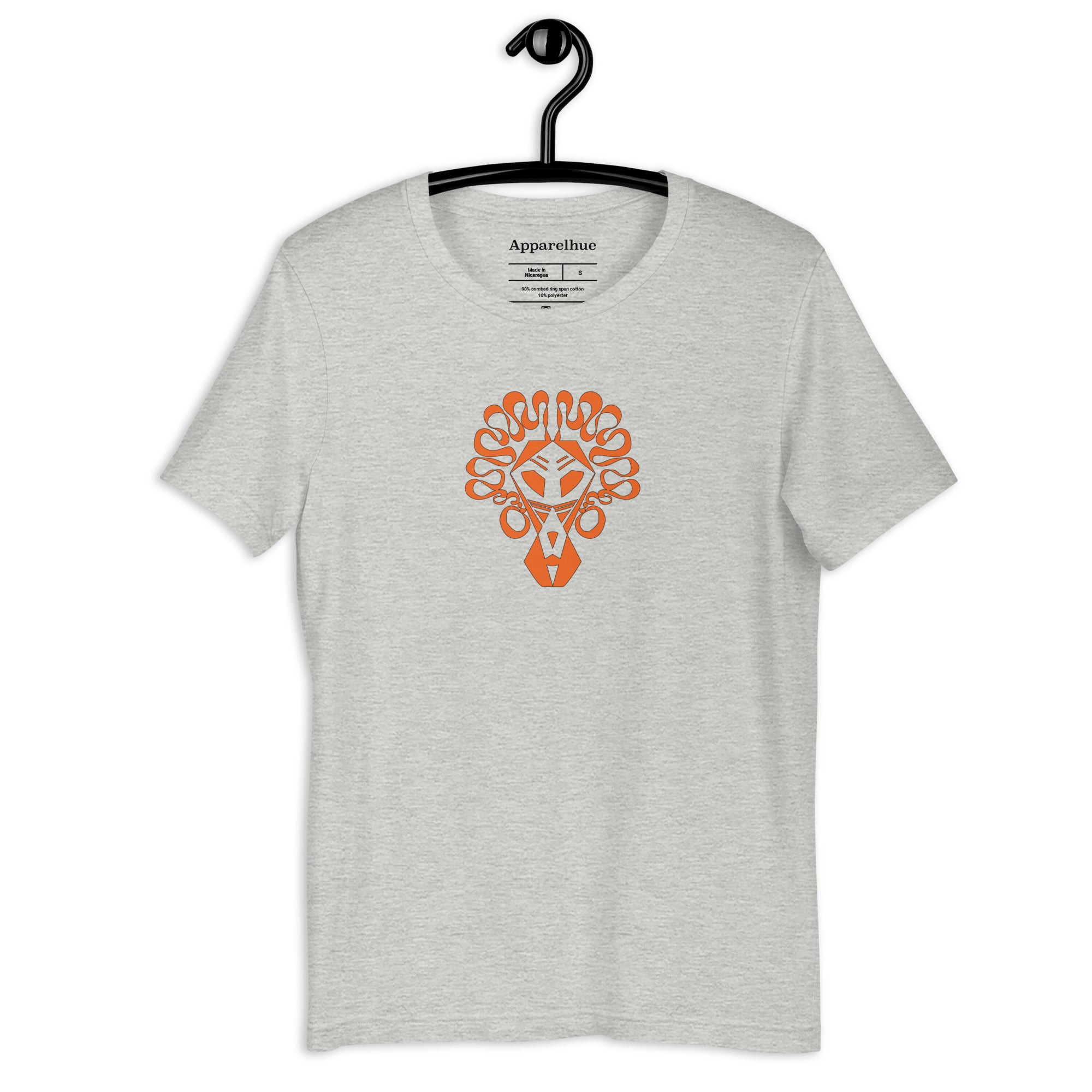 Side angle of lion art tee showing fabric texture