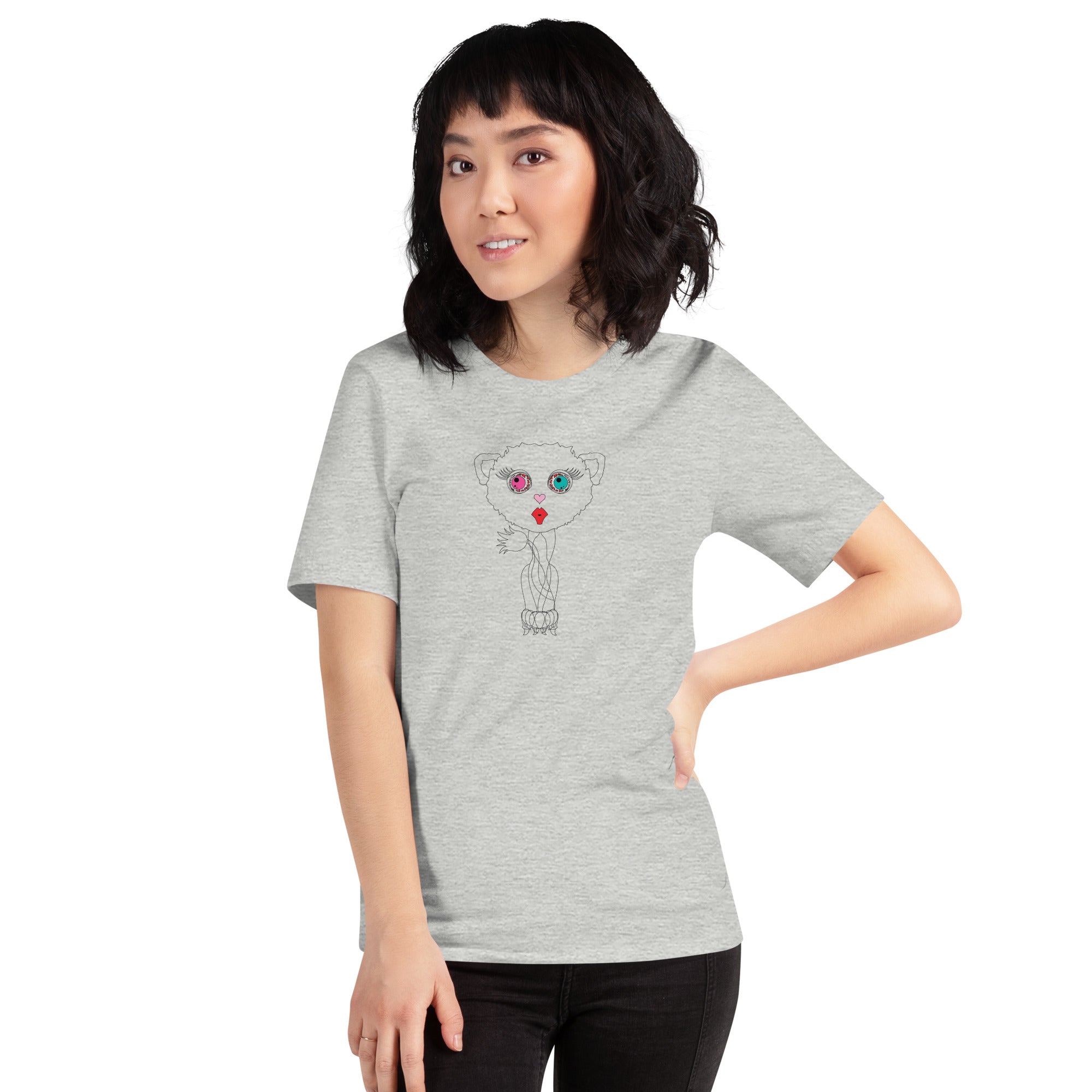 Abstract line cat design close-up on black graphic tee