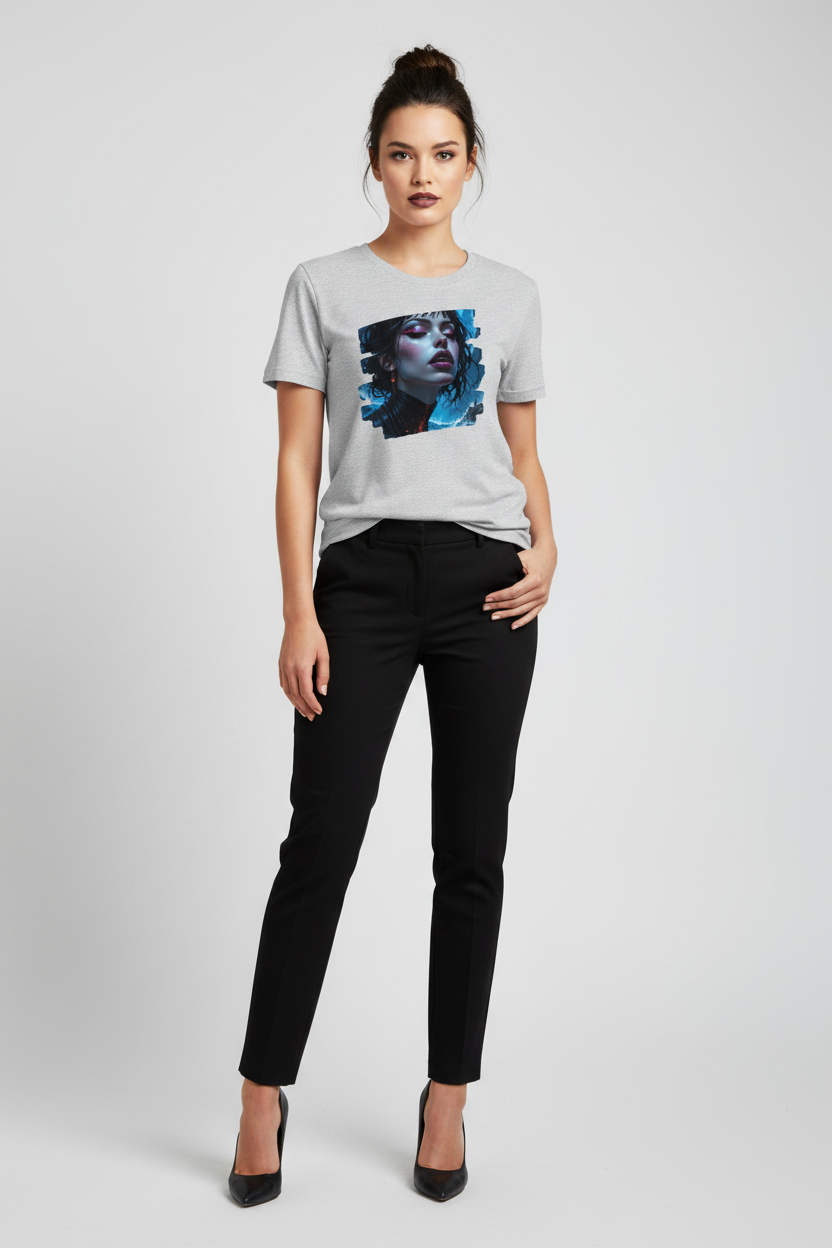 A woman modeling a light gray short-sleeve t-shirt with a blue and black graphic print on the front, paired with black pants and black heels, against a light gray studio background.