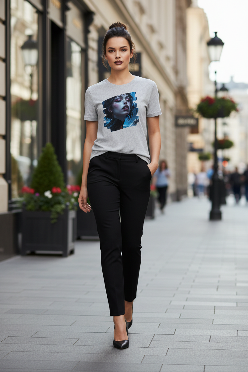 A woman walking down a city street wearing a light gray graphic t-shirt with a black and blue portrait print, paired with black trousers and black heels.