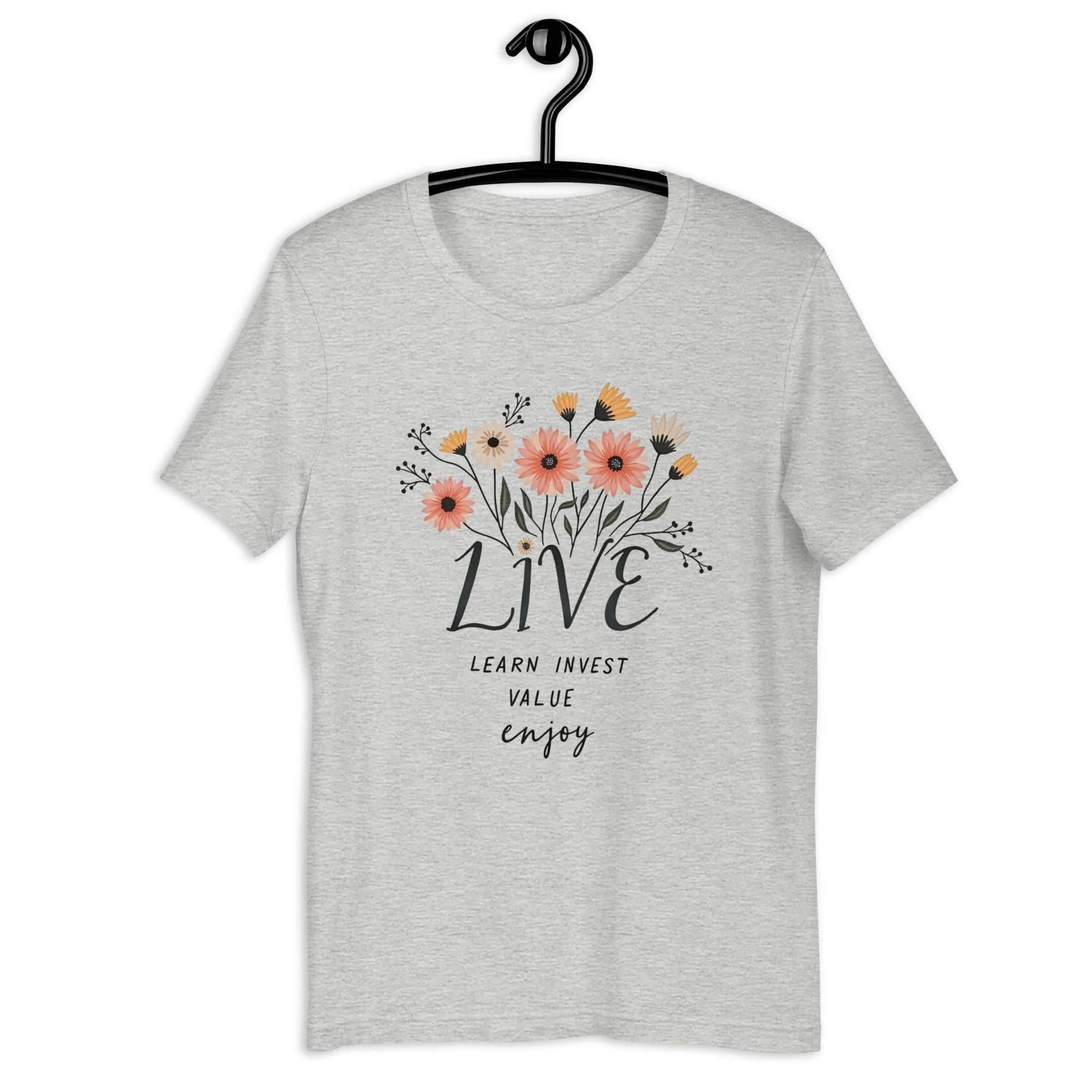 Creative studio image of embroidered LIVE Learn Invest Value Enjoy tee