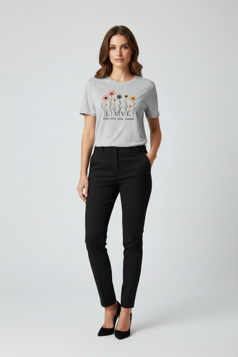 Woman wearing a white t-shirt with floral design and text, paired with black pants on a light gray background