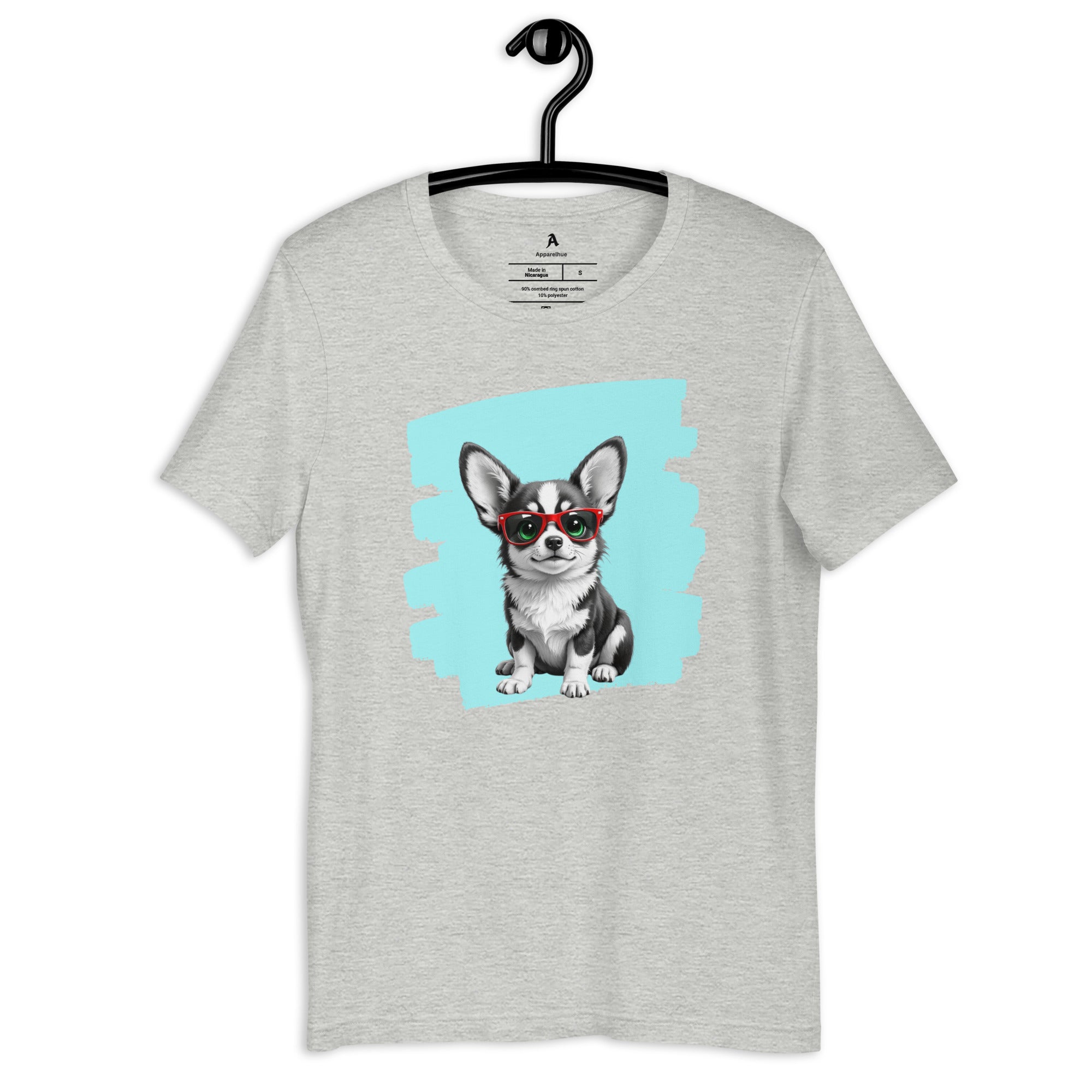 Artistic canine fashion featuring a cool Corgi in sunglasses.