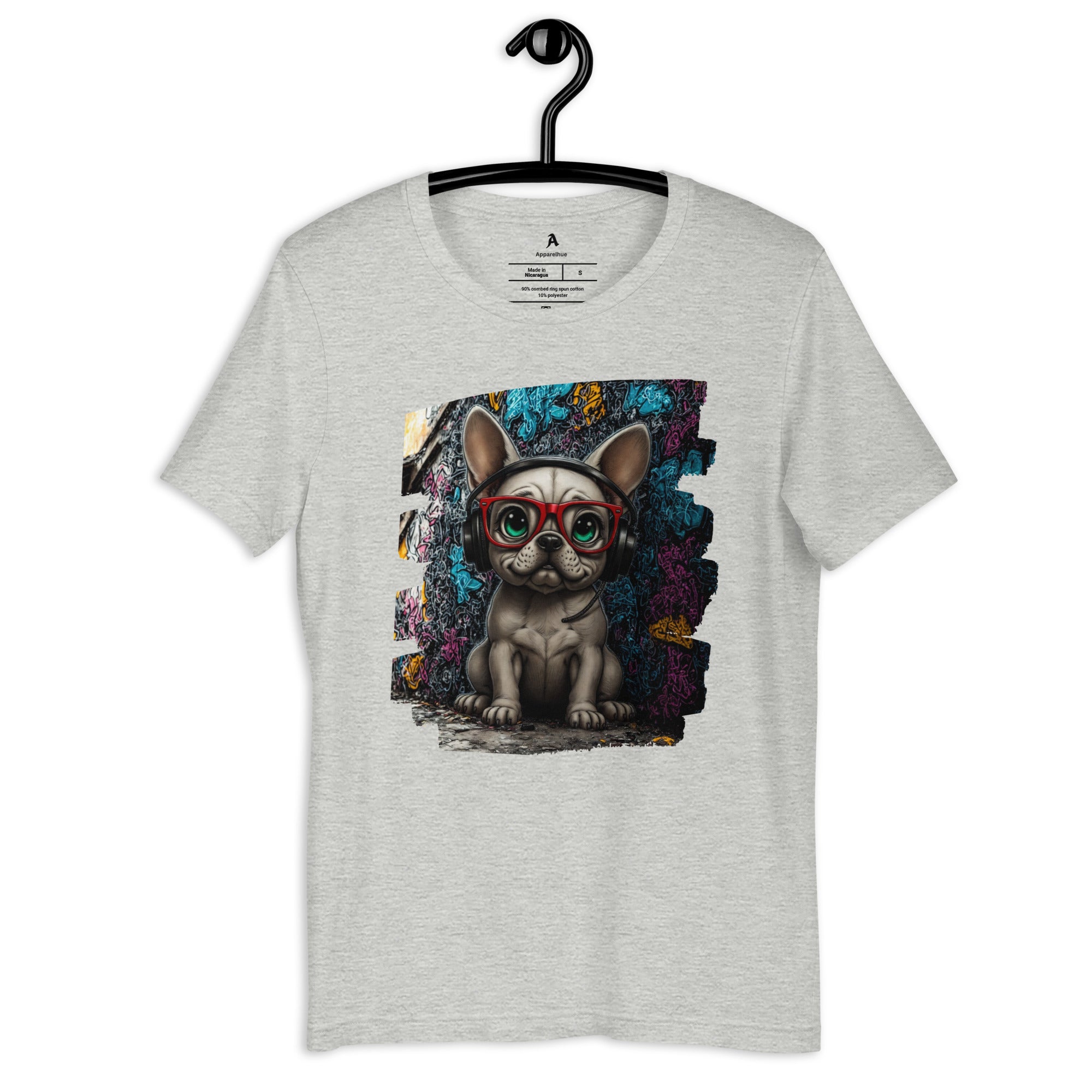 Flat lay of a high-quality black T-shirt with a vibrant "Urban Frenchie" print.