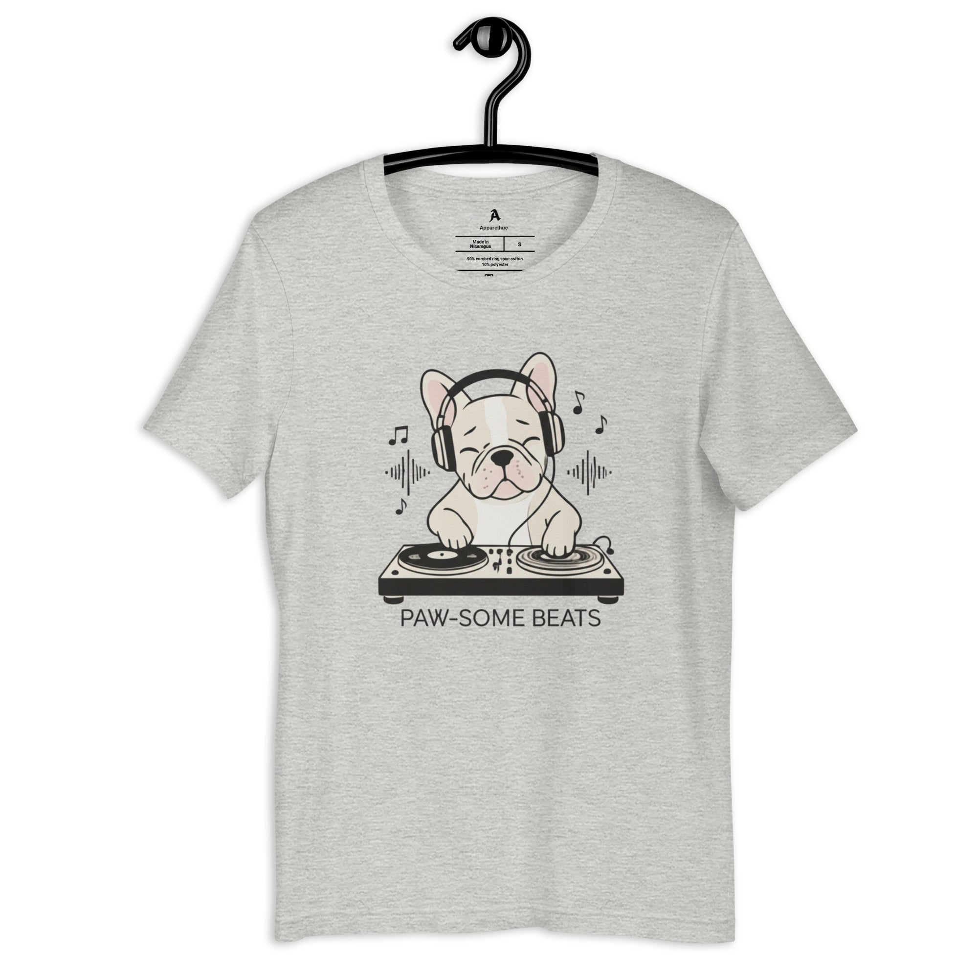 Adorable Frenchie with headphones and DJ deck.
