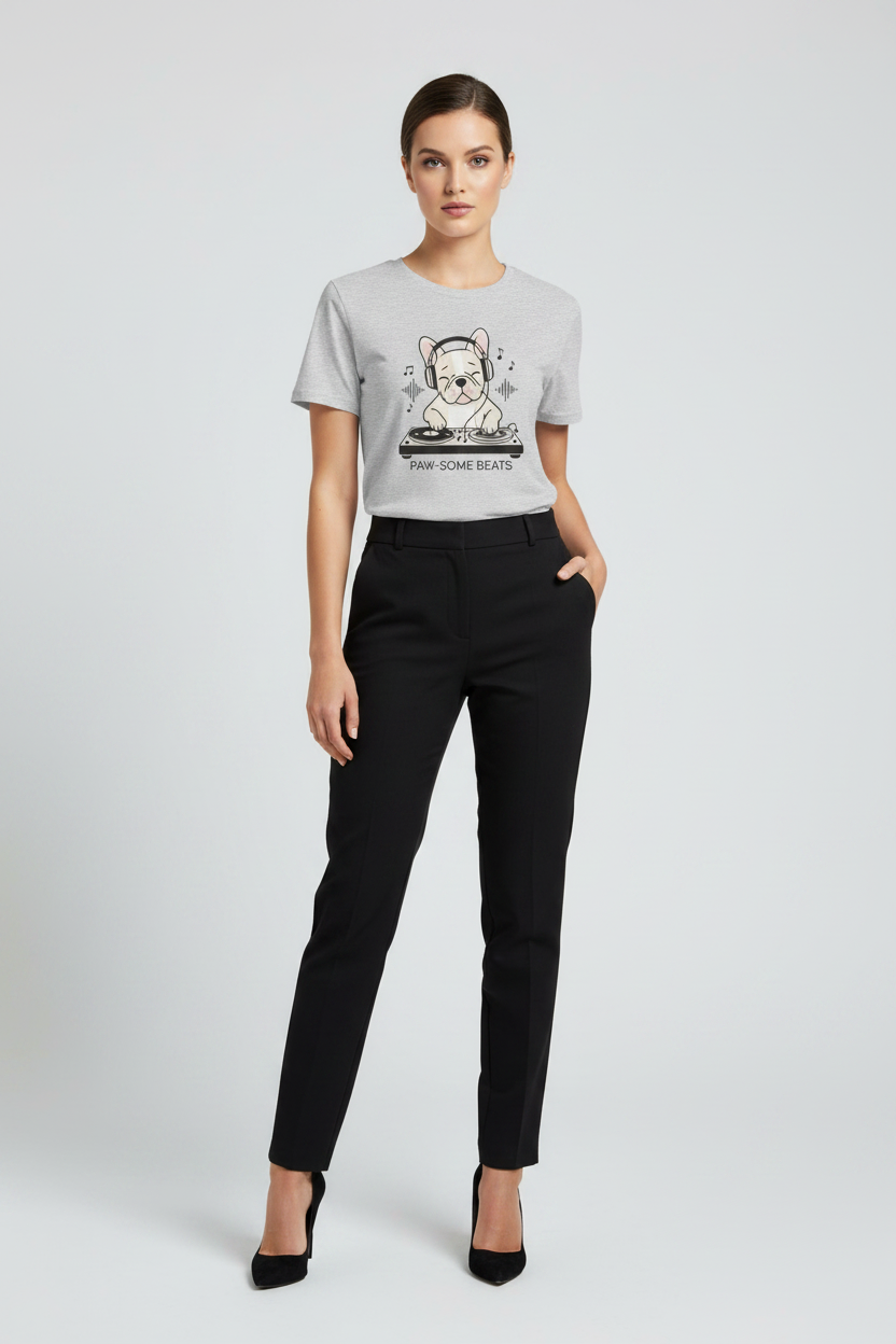 A woman modeling a light gray graphic t-shirt and black trousers against a light gray studio background.