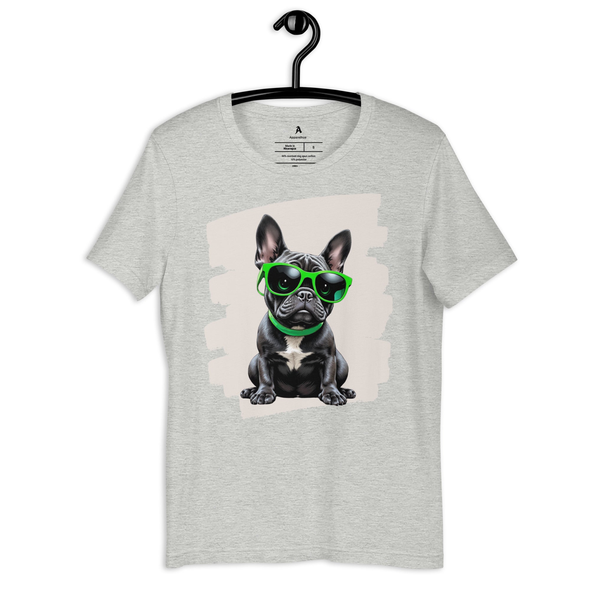 Cute yet cool black French Bulldog sitting with bright green accessories.