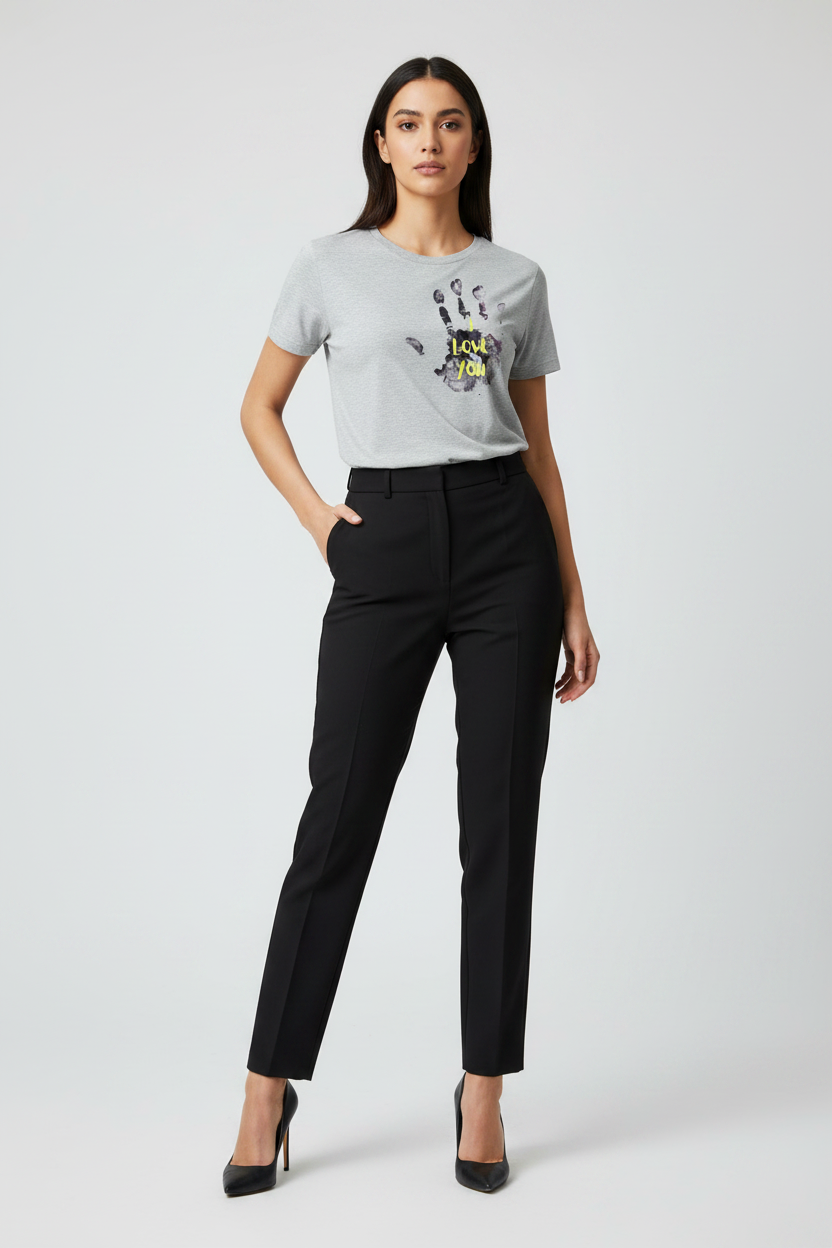 Woman wearing a gray t-shirt with a graphic design and black pants on a white background