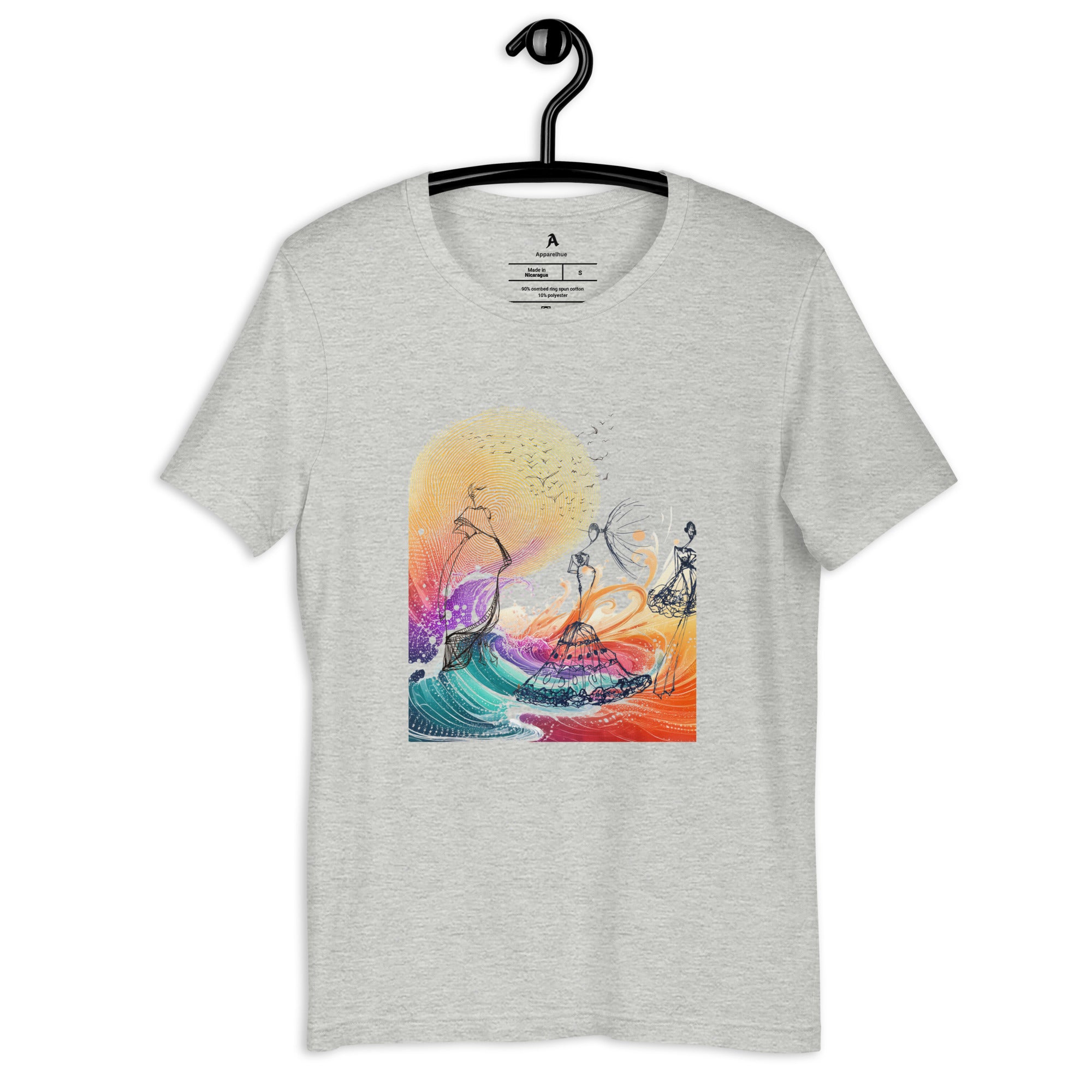 Apparelhue designer top with vibrant brushstroke art and fashion figures.