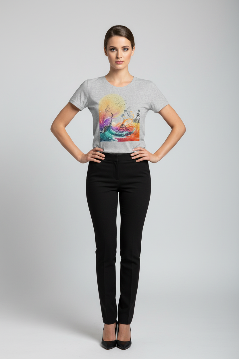 Woman wearing a gray t-shirt with a colorful graphic design and black pants on a white background