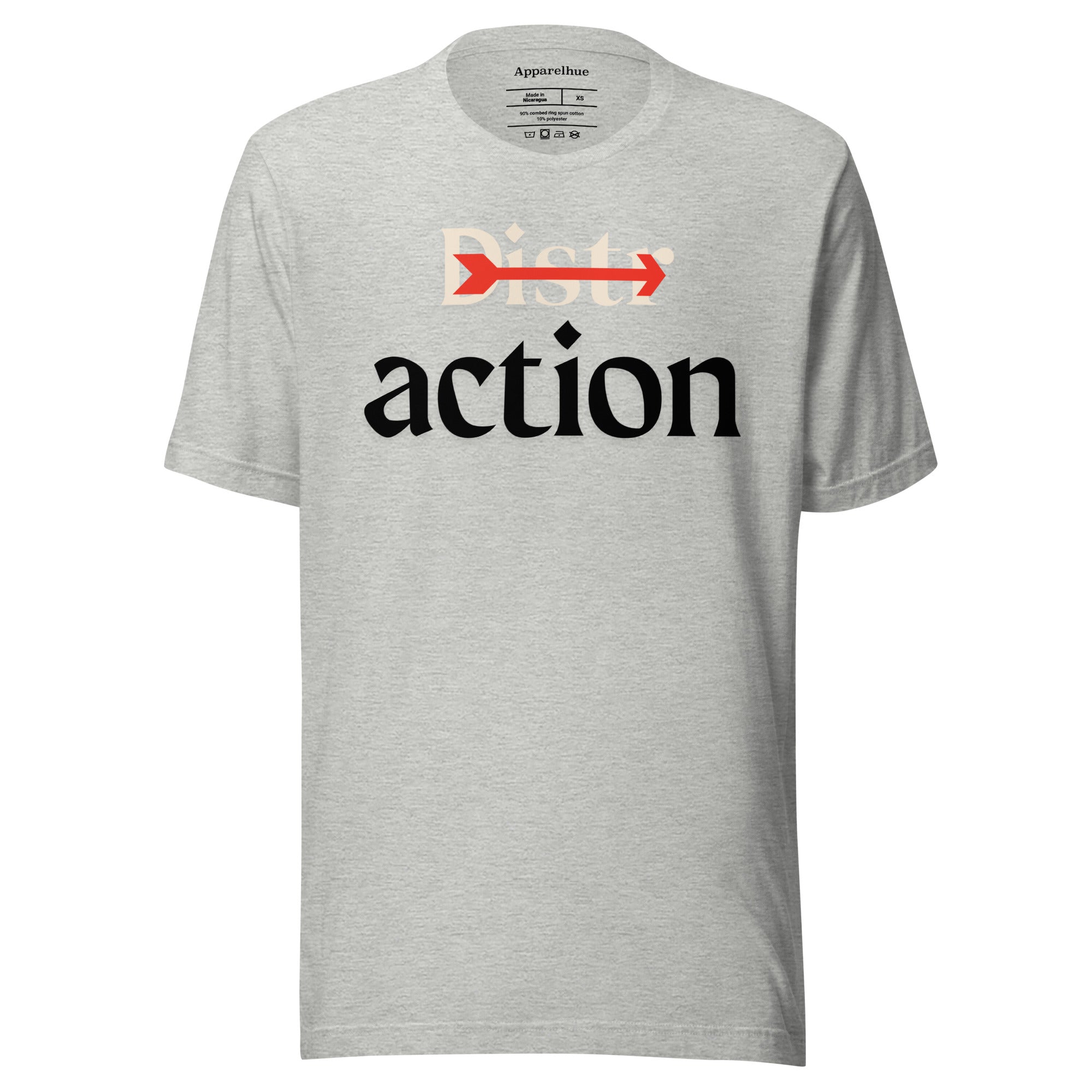 unisex staple tee with a modern typographic design focusing on the word 'action