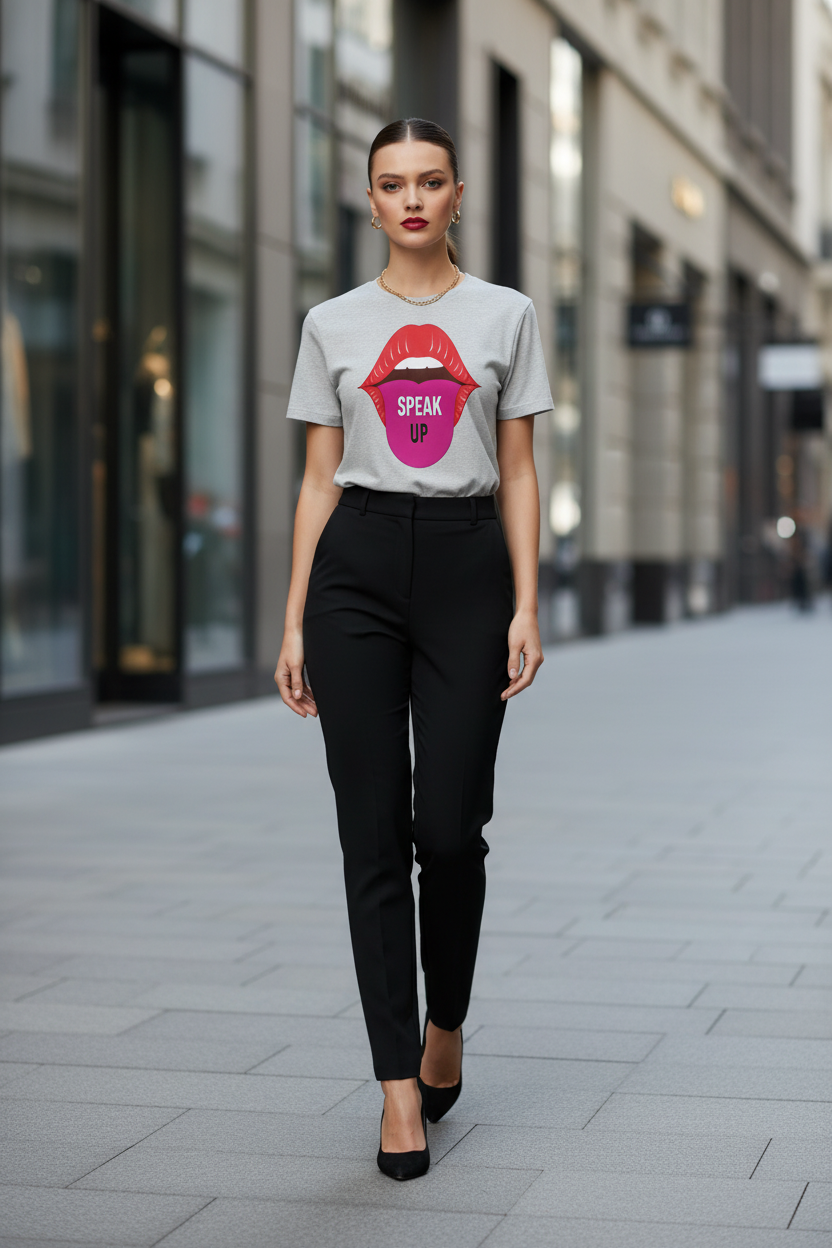 A woman walking down a city street wearing a light gray graphic t-shirt with a pink and red lips design that says 'SPEAK UP', paired with black trousers and black heels.