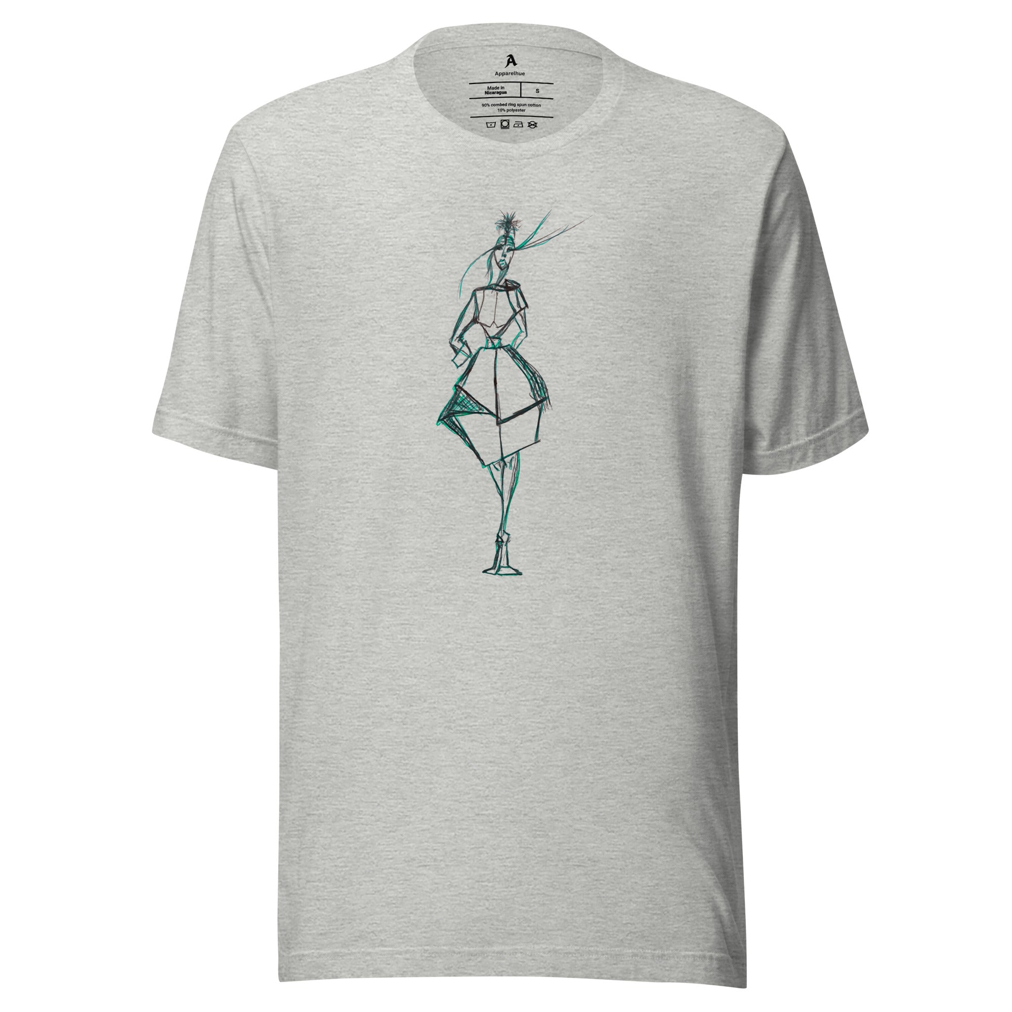 A minimalist hand-drawn fashion sketch of a model in a geometric dress, featuring sharp architectural lines and emerald green accents on a white t-shirt.