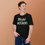 An angled shot of a black t-shirt featuring a minimalist print with the words "Distractions" and a horizontal arrow.