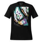 Unisex black T-shirt with a colorful abstract butterfly graphic print on the front.