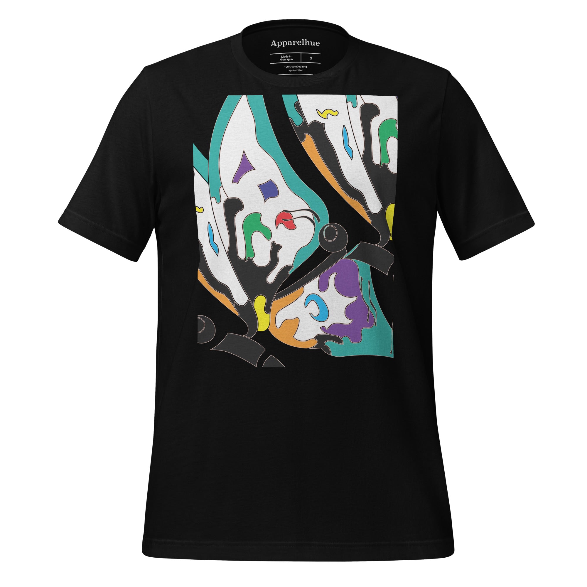 Unisex black T-shirt with a colorful abstract butterfly graphic print on the front.