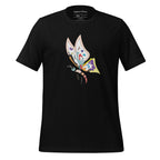 A black crew neck t-shirt with a vibrant multicolor butterfly graphic design on the front.