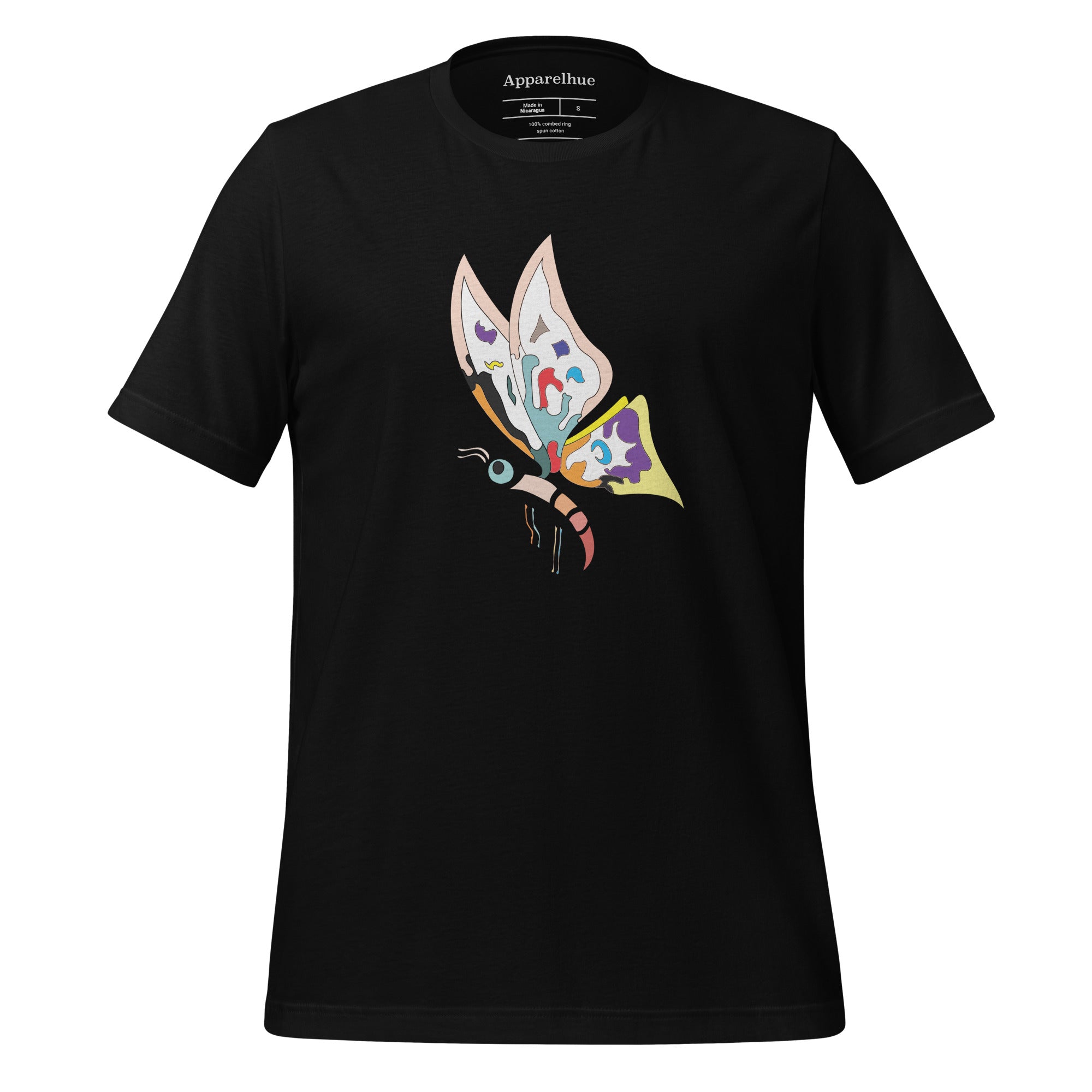 A black crew neck t-shirt with a vibrant multicolor butterfly graphic design on the front.