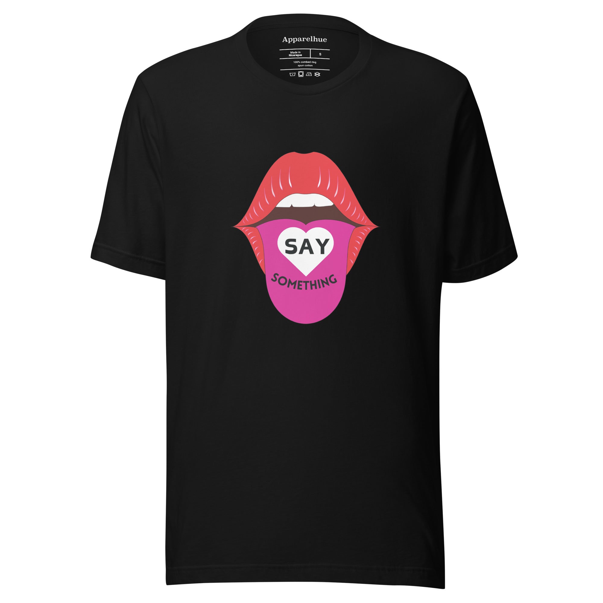 Unisex 'Say Something' slogan t-shirt, styled for a modern streetwear look, full length.