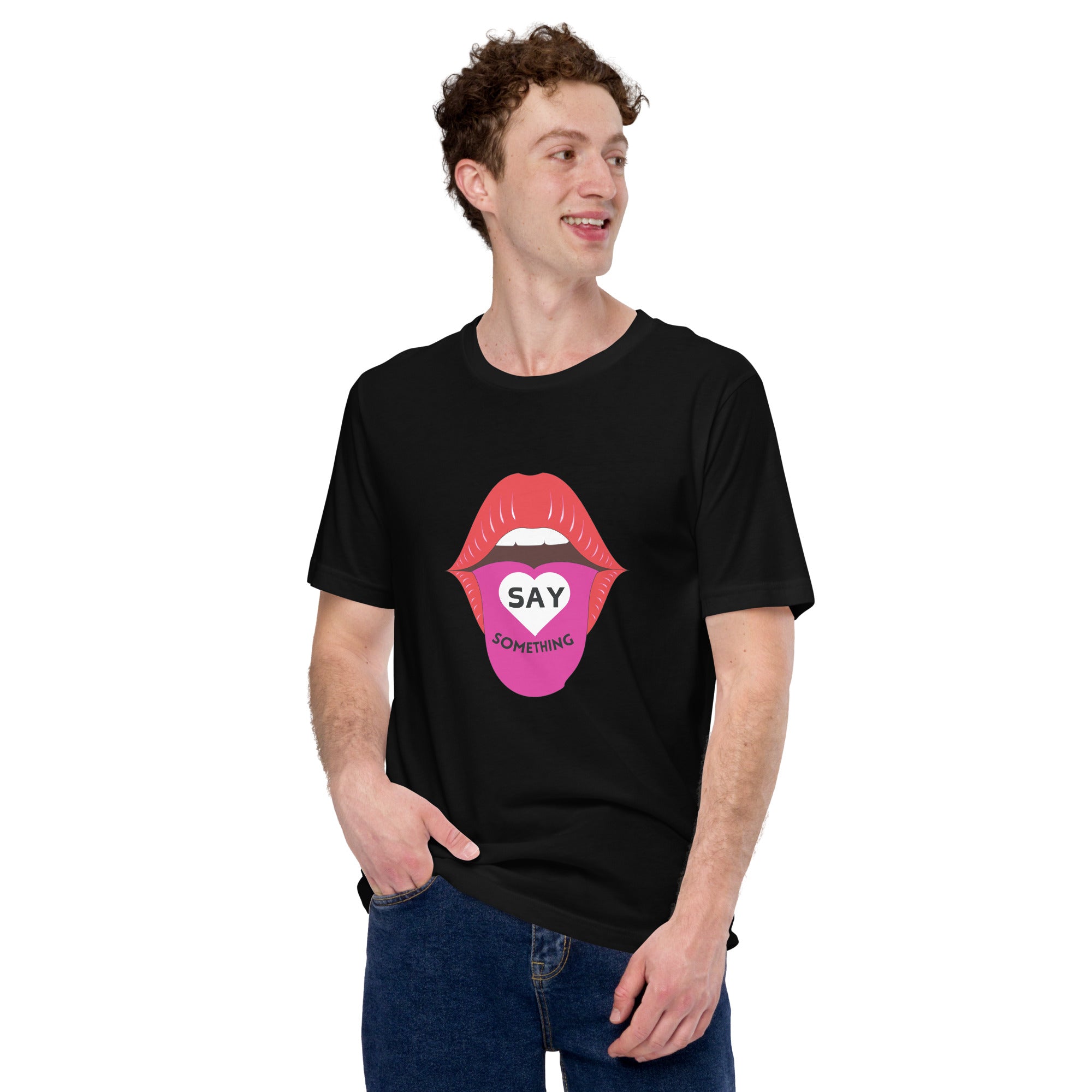 Black 'Say Something' statement t-shirt, front view, highlighting the contrast of the graphic.
