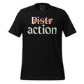 A black t-shirt with a graphic text design that reads "Distr actions" with a red arrow pointing right, splitting the word "Distractions."